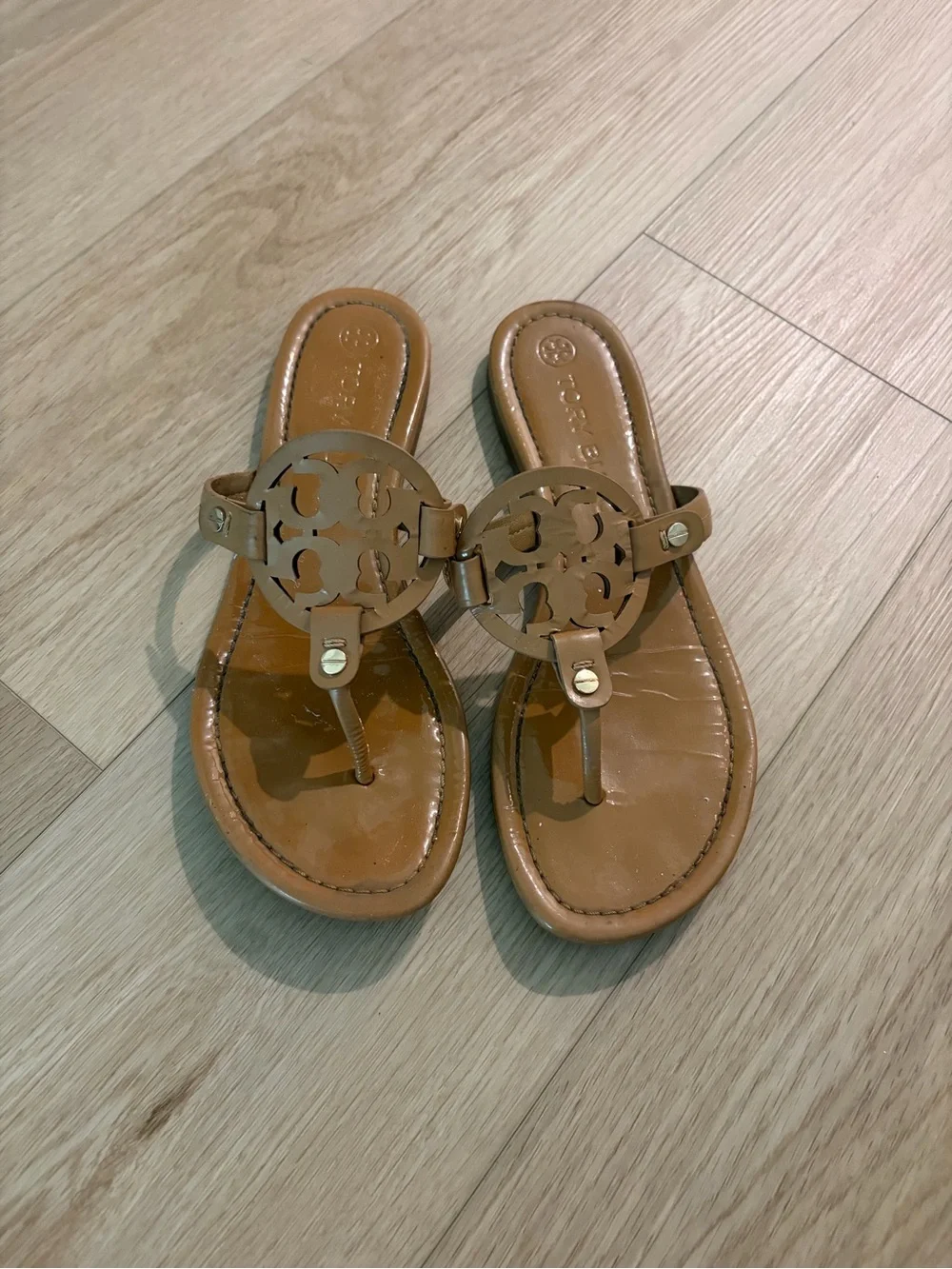 Tory Burch Tan Leather Logo Thong Sandals
